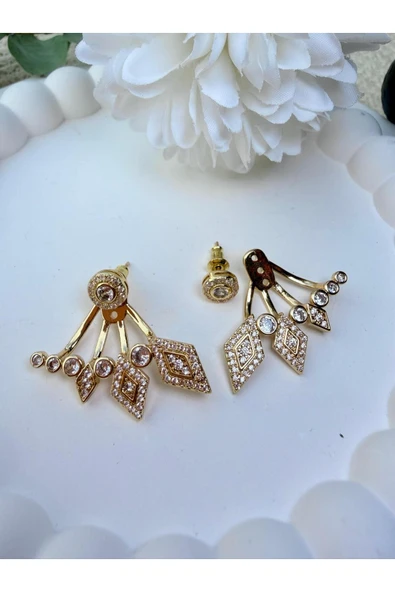 nesdesign Arkadan takmalı Ayarlanabilir Baklava Desen Taşlı Gold Küpe - Resim 2