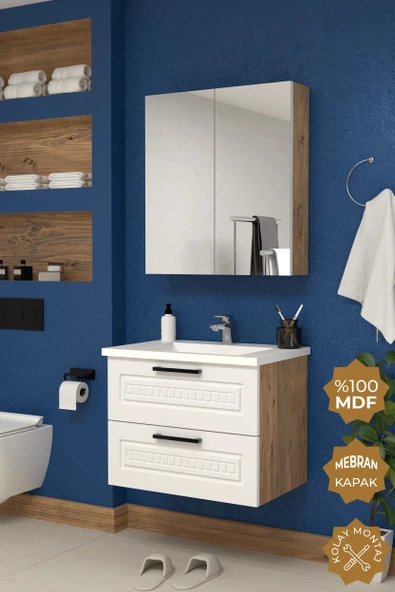 Teta Home Floransa 65 cm MDF Gövde Membran Kapak Banyo Dolabı Seti  Atlantik Çam- Beyaz ürün görseli 1