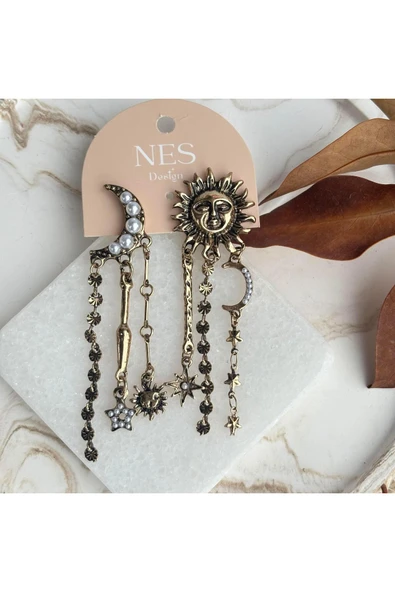 nesdesign Bronz Güneş ve Ay Sallantılı Küpe ürün görseli 1