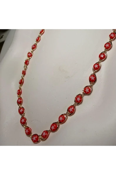 nesdesign Altın Kaplama Kırmızı Beyaz Yıldızlı Zincir Kolye (70 cm) ürün görseli 1