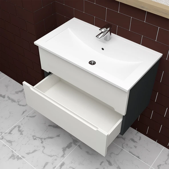 Teta Home Kopenhag 80 cm MDF Gövde Membran Kapak Banyo Dolabı Seti  Antrasit-Beyaz - Resim 3