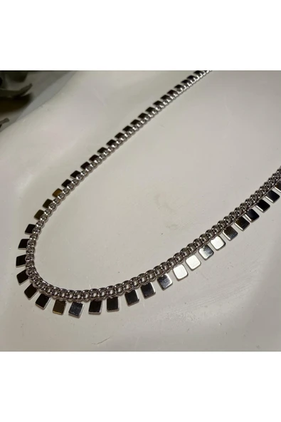 nesdesign Altın Kaplama Kare Pullu Gümüş Renk Zincir Kolye (45+5 cm) - Resim 2