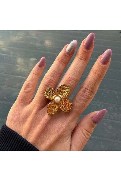 nesdesign Çelik Ortası İncili Dört Yapraklı Ayarlanabilir Çiçek Yüzük ürün görseli 1