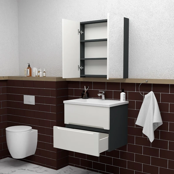 Teta Home Kopenhag 65 cm MDF Gövde Membran Kapak Banyo Dolabı Seti  Antrasit-Beyaz - Resim 2