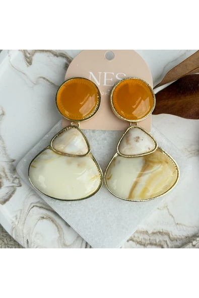 nesdesign Turuncu Krem Mermer Görünümlü Sallantılı Küpe - Resim 3