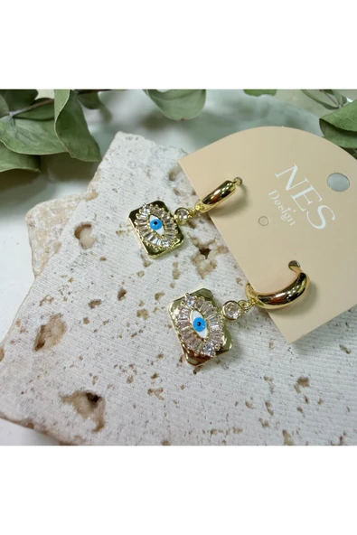 nesdesign Dikdörtgen Plaka Üzeri Baget Taşlı Göz Küpe - Resim 2