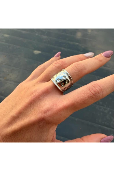 nesdesign Çelik Dokulu Geniş Ayarlanabilir Yüzük (Gümüş Renk) - Resim 2