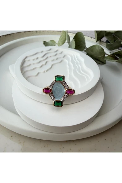 nesdesign Ortası Mavi Sedefli Renkli Taşlı Ayarlanabilir Yüzük ürün görseli 1