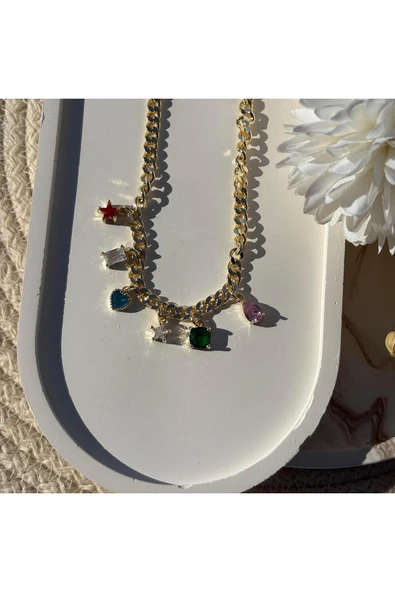 nesdesign Altın Kaplama Renkli Taşlı Kalın Zincir Kolye (47 cm) ürün görseli 1