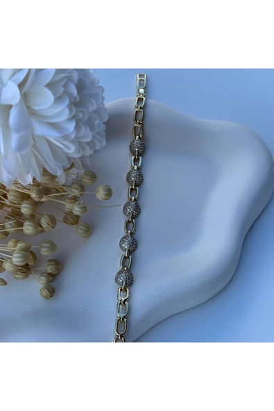 nesdesign 14K Özel Seri Yarım Top Detaylı Taşlı Zincir Bileklik (17+2 cm) - Resim 2