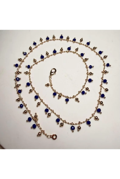 nesdesign Altın Kaplama Lacivert Boncuklu Zincir Kolye (45 cm) - Resim 2