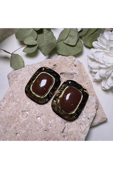 nesdesign Kahverengi Dikdörtgen Dövme Gold Detaylı Küpe ürün görseli 1