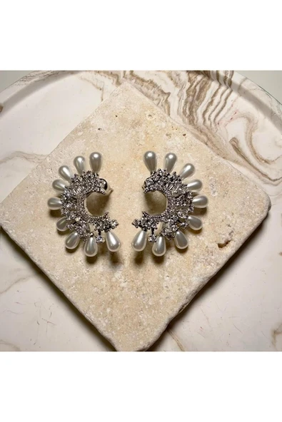 nesdesign Çelik Gümüş Renk Zirkon Taşlı Ucu İncilerle Süslenmiş Hilal Şekli Küpe ürün görseli 1