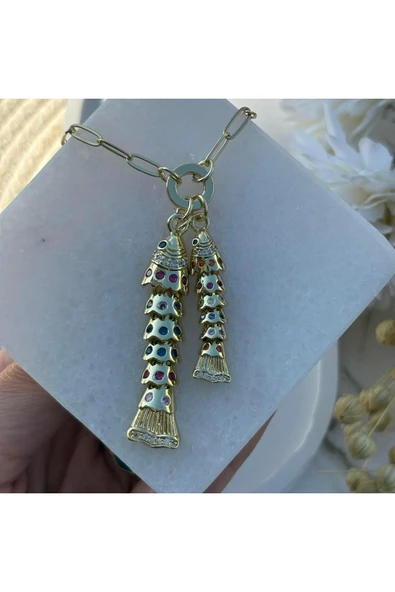 nesdesign Altın Kaplama Ataç Zincir İkili Balık Kolye (50 cm) - Resim 2