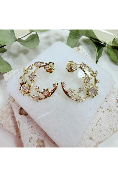 nesdesign 14K Özel Seri Hilal Üzerine Ay Yıldız Güneş Yerleştirilmiş Şık Küpe ürün görseli 1