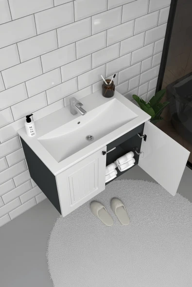 Teta Home Pekin 65 cm MDF Gövde Membran Kapak Banyo Dolabı Seti  Antrasit-Beyaz ürün görseli 1