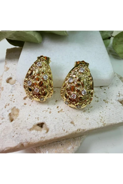 nesdesign Altın Kaplama Taşlı Dokulu Gold Damla Küpe ürün görseli 1