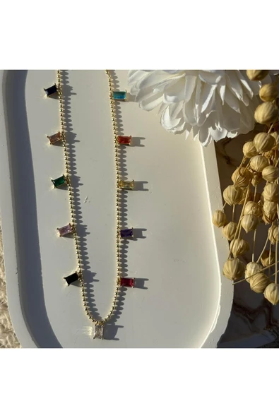 nesdesign Altın Kaplama Dikdörtgen Taşlı Renkli Kolye (47 cm) ürün görseli 1