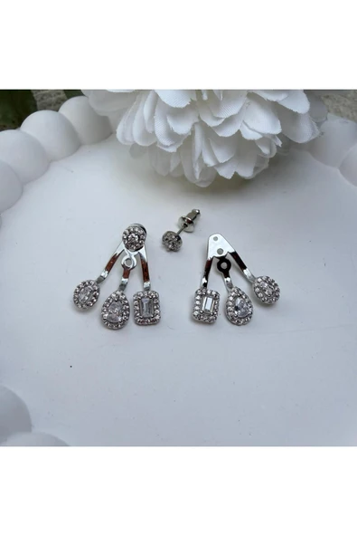 nesdesign Arkadan takmalı Ayarlanabilir Üç Kesim Taşlı Küpe - Resim 2