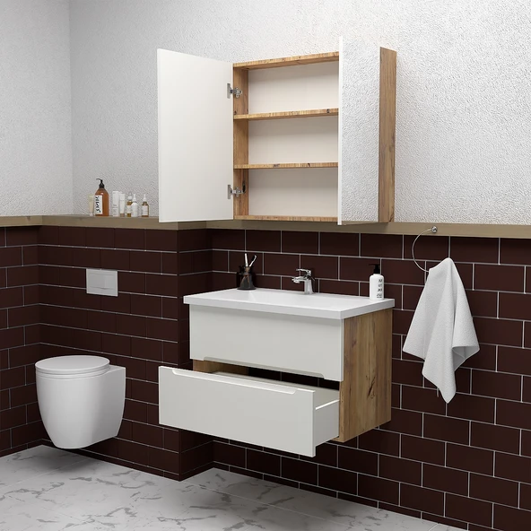 Teta Home Kopenhag 80 cm MDF Gövde Membran Kapak Banyo Dolabı Seti  Atlantik Çam-Beyaz - Resim 2