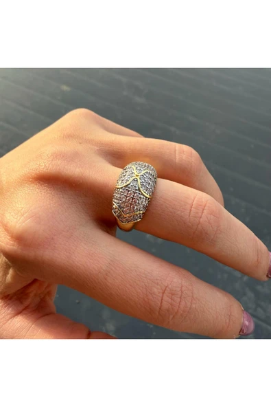 nesdesign Gri Tırnaklı Gold Çizgi Detaylı Bombeli Ayarlanabilir Yüzük - Resim 3