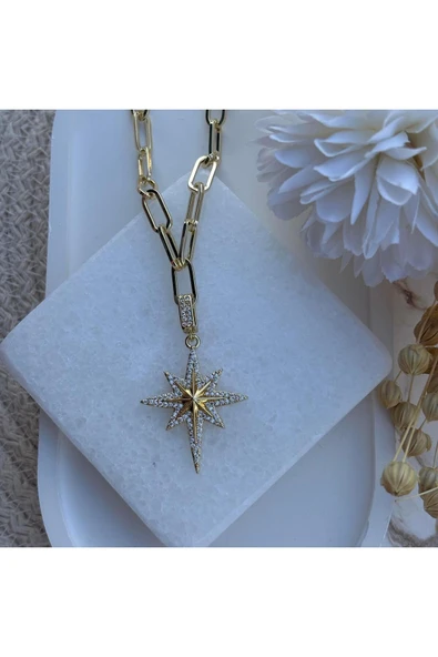 nesdesign Altın Kaplama Ucu Pusula Charmlı Ataç Zincir Kolye (55 cm) ürün görseli 1