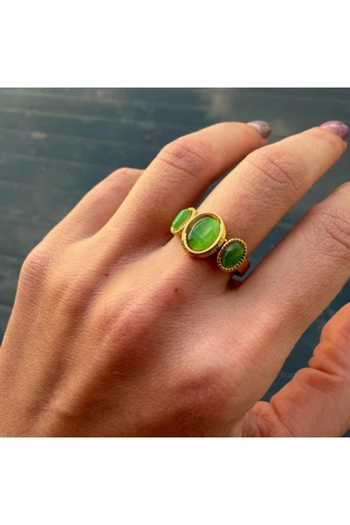 nesdesign Çelik Üç Sıra Yeşil Taşlı Ayarlanabilir Yüzük ürün görseli 1