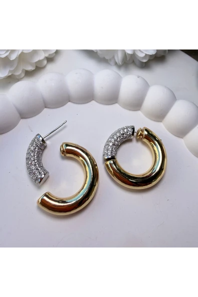 nesdesign Arkası Gold Önü Taşlı Halka Küpe - Resim 2