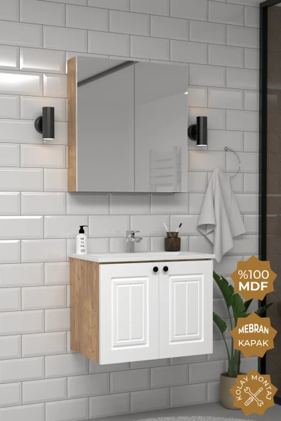 Teta Home Pekin 65 cm MDF Gövde Membran Kapak Banyo Dolabı Seti  Atlantik Çam- Beyaz ürün görseli 1
