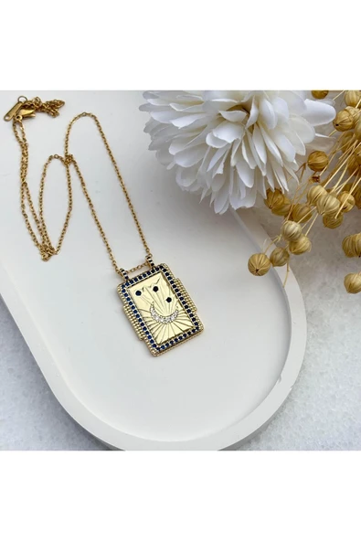 nesdesign Çelik Mavi Taşlı Ay Plaka Kolye (45 cm) ürün görseli 1