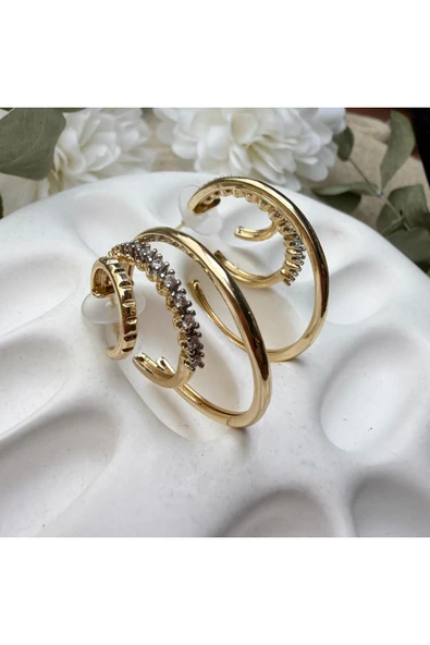 nesdesign Üç Halka Görünümlü Taşlı Zarif Küpe - Resim 3