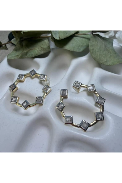 nesdesign Daire Üzerine Kare Taşlı Küpe - Resim 2