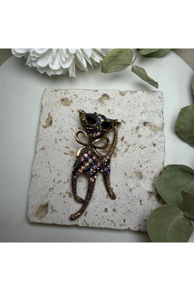 nesdesign Bronz Kurdeleli Mavi Pembe Taşlı Kedi Broş ürün görseli 1