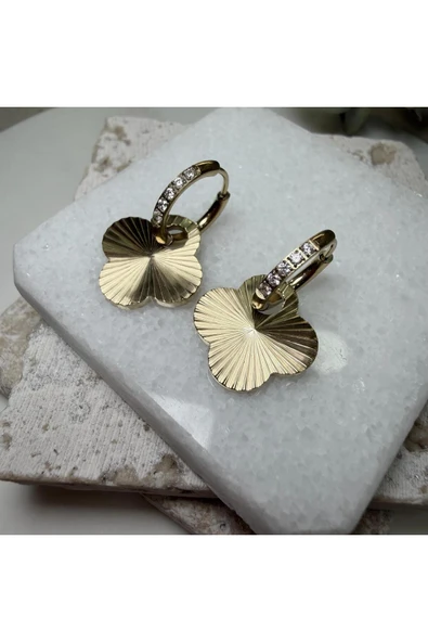 nesdesign Çelik Taşlı Gold Dövme Yonca Pullu Küpe - Resim 2