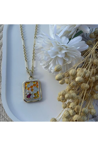 nesdesign Sarı Dikdörtgen Arı Petek Kolye (55 cm) ürün görseli 1