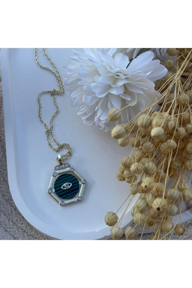 nesdesign Çelik Koyu Yeşil Altıgen Göz Kolye (50 cm) ürün görseli 1