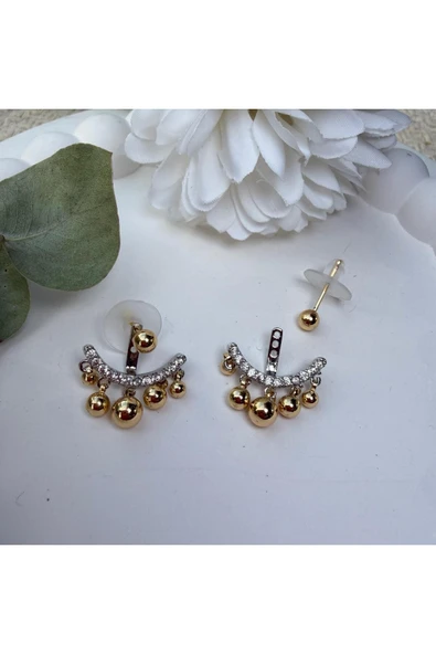 nesdesign Arkadan takmalı Ayarlanabilir Minik Toplu Sallantılı Gümüş Renk Küpe - Resim 2