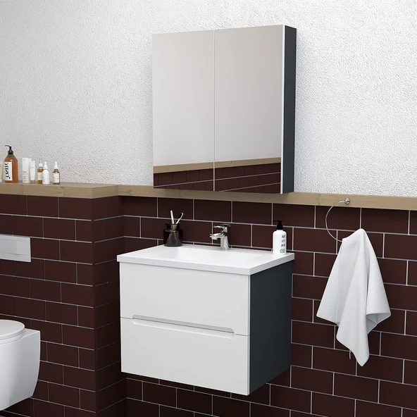 Teta Home Kopenhag 65 cm MDF Gövde Membran Kapak Banyo Dolabı Seti  Antrasit-Beyaz ürün görseli 1