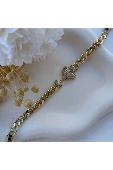 nesdesign 14K Özel Seri Taşlı Kalp Figürlü Zincir Bileklik (17+2 cm) - Resim 2