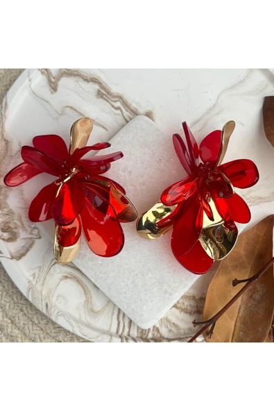 nesdesign ZR Kırmızı Gold Akrilik Çiçek Küpe ürün görseli 1