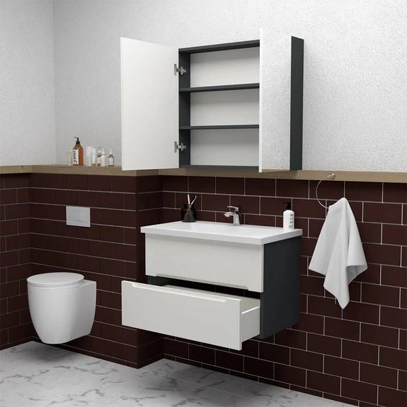 Teta Home Kopenhag 80 cm MDF Gövde Membran Kapak Banyo Dolabı Seti  Antrasit-Beyaz - Resim 2