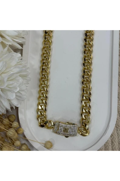 nesdesign Altın Kaplama Klipsi Taşlı Kalın Zincir Kolye (50 cm) ürün görseli 1