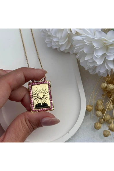 nesdesign Pembe Taşlı Kalp Plaka Kolye (45 cm) ürün görseli 1