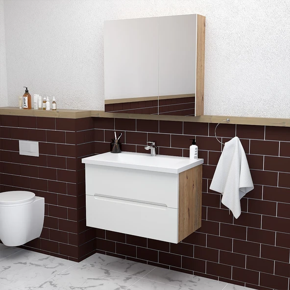 Teta Home Kopenhag 80 cm MDF Gövde Membran Kapak Banyo Dolabı Seti  Atlantik Çam-Beyaz ürün görseli 1