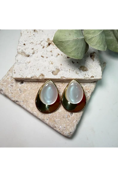 nesdesign Çelik Beyaz Taşlı Gold Damla Küpe ürün görseli 1