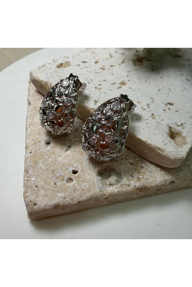 nesdesign Altın Kaplama Taşlı Dokulu Damla Küpe (Gümüş Renk) - Resim 2