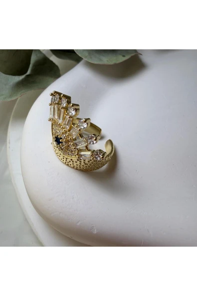 nesdesign Baget Taşlı Gold Dokulu Mavi Göz Yüzük - Resim 2