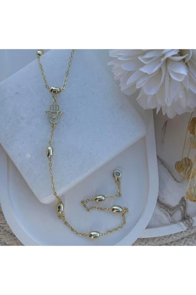 nesdesign Altın Kaplama Fatma Ana Eli Y Kolye (50 cm) - Resim 2