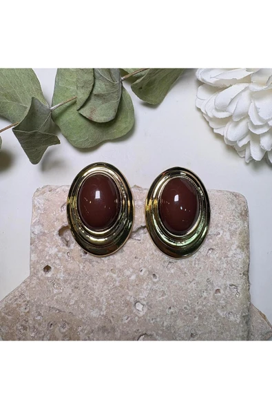 nesdesign Kahve Oval Gold Detay Küpe ürün görseli 1