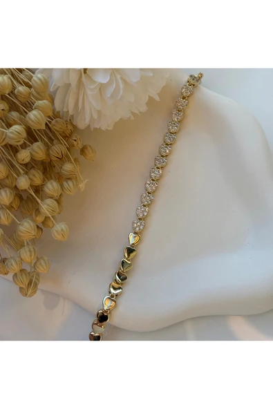 nesdesign 14K Özel Seri Kalp Model Yarı Taşlı Bileklik (17+2 cm) ürün görseli 1